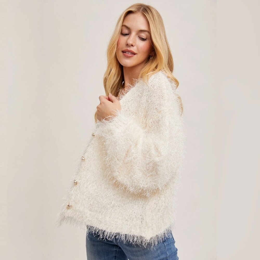 BLUIVY - PEARL BUTTON DOWN FUZZY KNIT VANILLA CARDIGAN - Picture 4 of 4